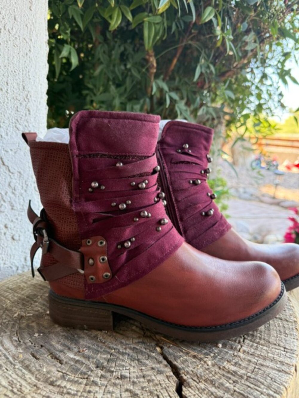 LALA IKAI Women Motorcycle Boots Ankle Combat Boots with Studded Low Block Heels